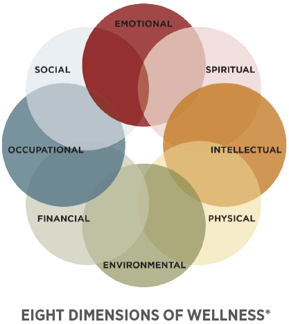 Eight dimensions of wellness: social, emotional, spiritual, intellectual, physical, environmental, financial, occupational